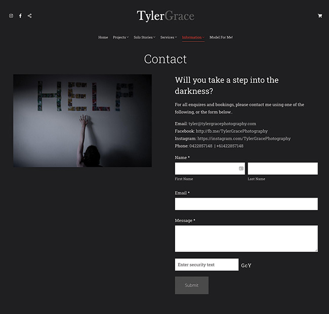 Página de contacto del fotógrafo Tyler Grace